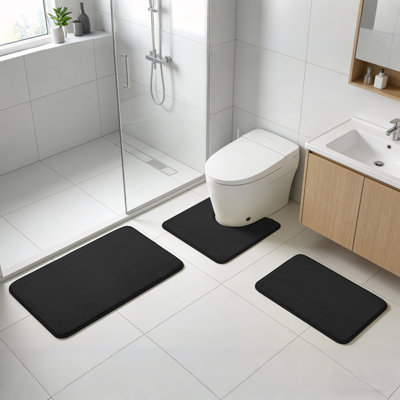 Ensemble de tapis de salle de bain ultra doux en flanelle 3 pièces, tapis de toilette et de douche à contour antidérapant absorbant, noir