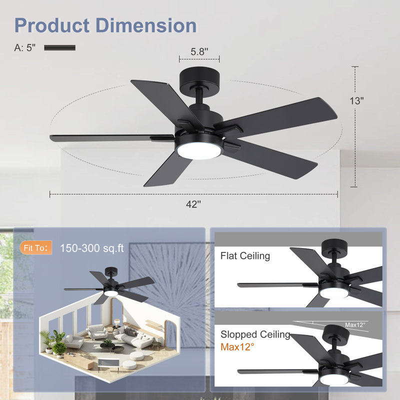 Ventilateur de plafond 5 pales 42 pouces avec lumière, ventilateur de moteur à courant continu avec télécommande