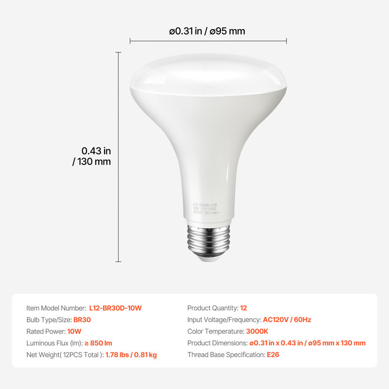 Ampoule d'intérieur BR30 à intensité variable, paquet de 12, 850 lumens, intensité variable 3000K