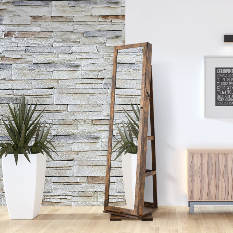 Armoire à bijoux rotative avec miroir verrouillable pleine grandeur, Brun