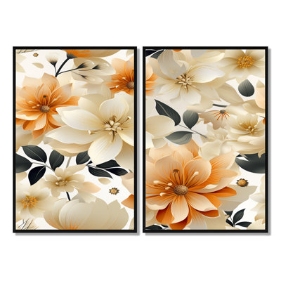 Fusion florale géométrique orange et beige - chalet rose, décoration murale traditionnelle 2 pièces