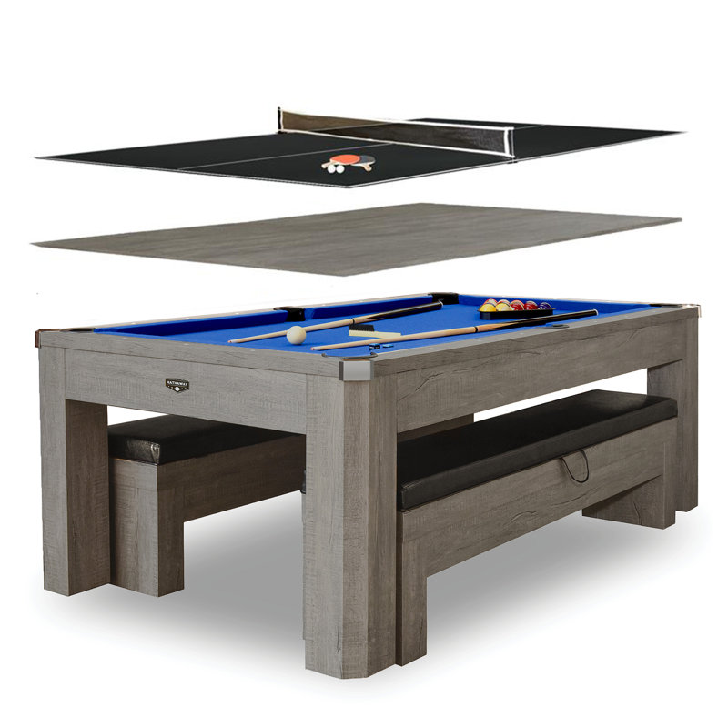 Hathaway Newport 7 Foot Pool Table Combo – 3 in 1 Game Table with Reversable Table Tennis Top & Dining Top – Includes Game Accessories & Two Benches – Chrome Accents, Rustic Gray Finish, Blue Felt