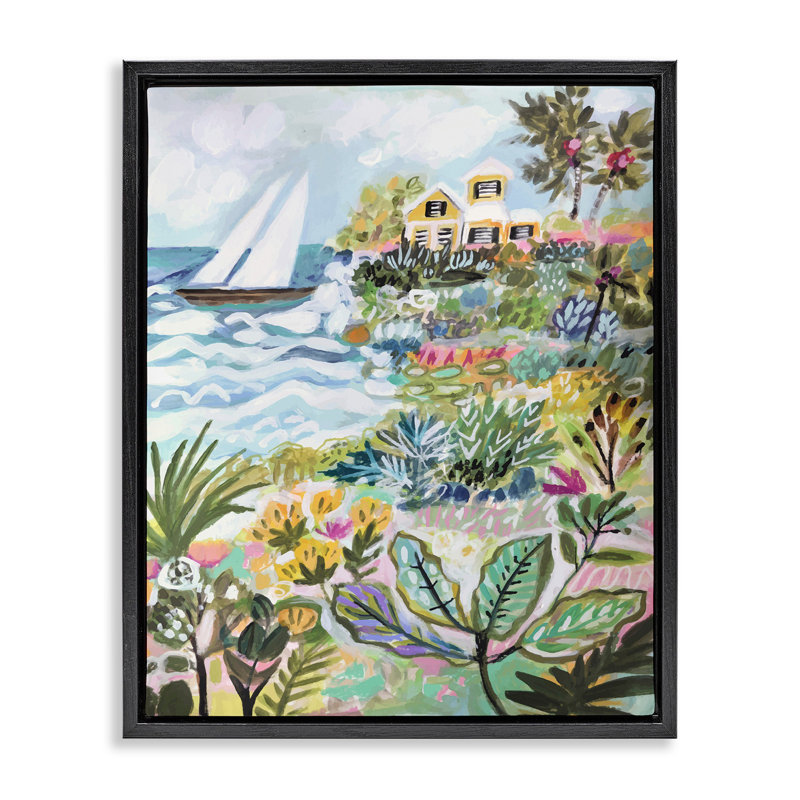 Scène nautique abstraite par Karen Fields, H 31 po x l 25 po, Cadre flottant noir de jais