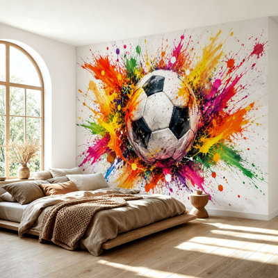 Wall Mural Peel and Stick Wallpaper Soccer Ball Vibrant Colorful Paint Splatter Design White Self-Adhesive Removable Contact Paper Wall Decor for Living Room Bedroom 69"H x 96"W