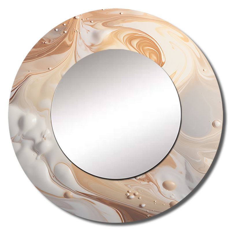 Abstrait blanc laiteux débit I - formes abstraites de miroir mural décoratif, grand miroir rond crème, impression d'art en métal