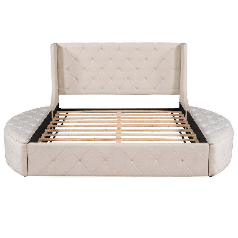Grand lit avec tête de lit tapissier en velours, 1 grand tiroir de rangement et 2 tabourets latéraux (rangement beige beige, tiroir, tête de lit à oreilles et