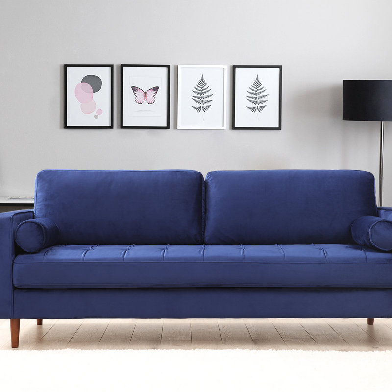 Élégant canapé 3 places, bleu marine, 84,6 po x 35,4 po x 27,6 po | Tissu durable 100% polyester, bois de hêtre et structure en carton gris | Coussins confortables en mousse (8 cm + 5 cm) | Pieds en bois de noyer, comprend 2 coussins portatifs