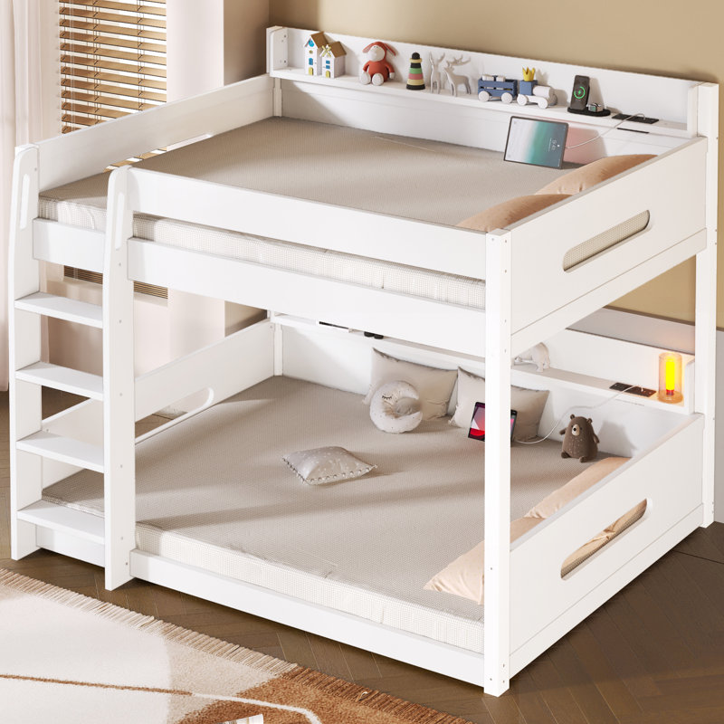 Queen Over Queen Bunk Bed with Storage Shelves and USB Ports, Solid Wood Bunk Bed with Guardrails, White