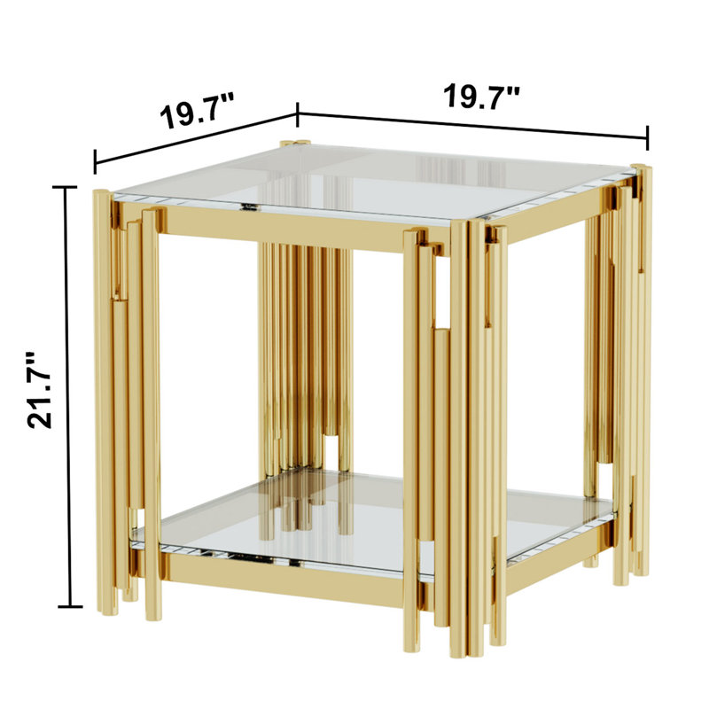 Trennedy 19.7" Wide 2-Tier Square Glass Top End Table with Storage Couch Side Table for Bedroom Living Room, Clear