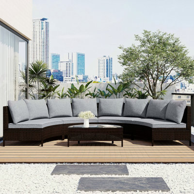 5 Pieces All-Weather Wicker Sofa Set Outdoor Patio Sectional Furniture Set Half-Moon Sofa Set With Tempered Glass Table