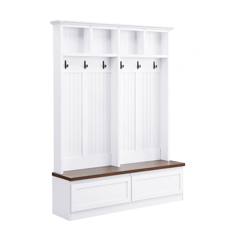 55.9"W Hall Tree with Bench, 2 Large Drawer, White