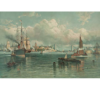 " View Of New York Harbor With Brooklyn Bridge In Background "