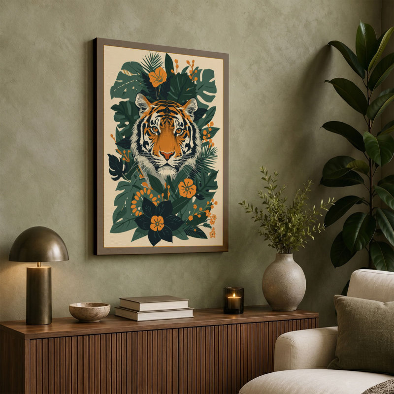 Tiger in Bloom Tropical 1 Piece Wrapped Canvas Wall Art, 18x12 - 45.7 x 30.5 cm, Taupe Border