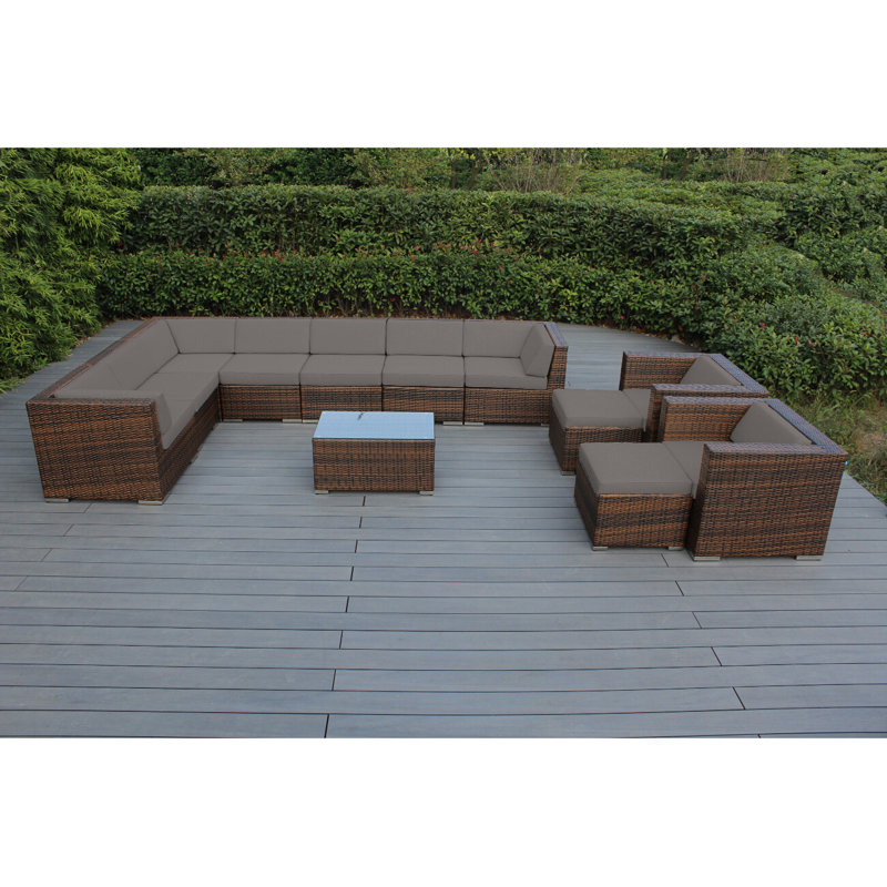 Konen Wicker 8 - Person Seating Group with Cushions - No Assembly, Mixed Brown, Canvas Taupe Sunbrella® Canvas