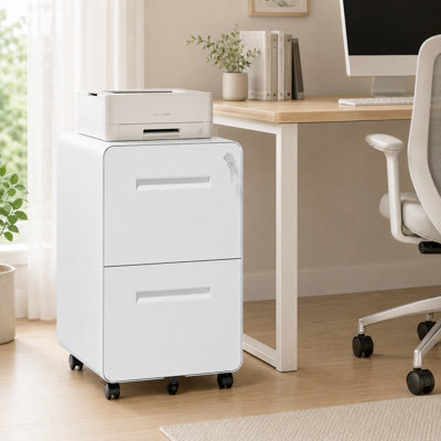 Classeur mobile à 2 tiroirs avec serrure Bizoe, classeur à roulettes rondes en acier sur 5 roulettes, structure entièrement assemblée avec poignées encastrées assorties, dossiers suspendus format lettre, format légal et format A4 pour le bureau à domicile et sous le bureau
