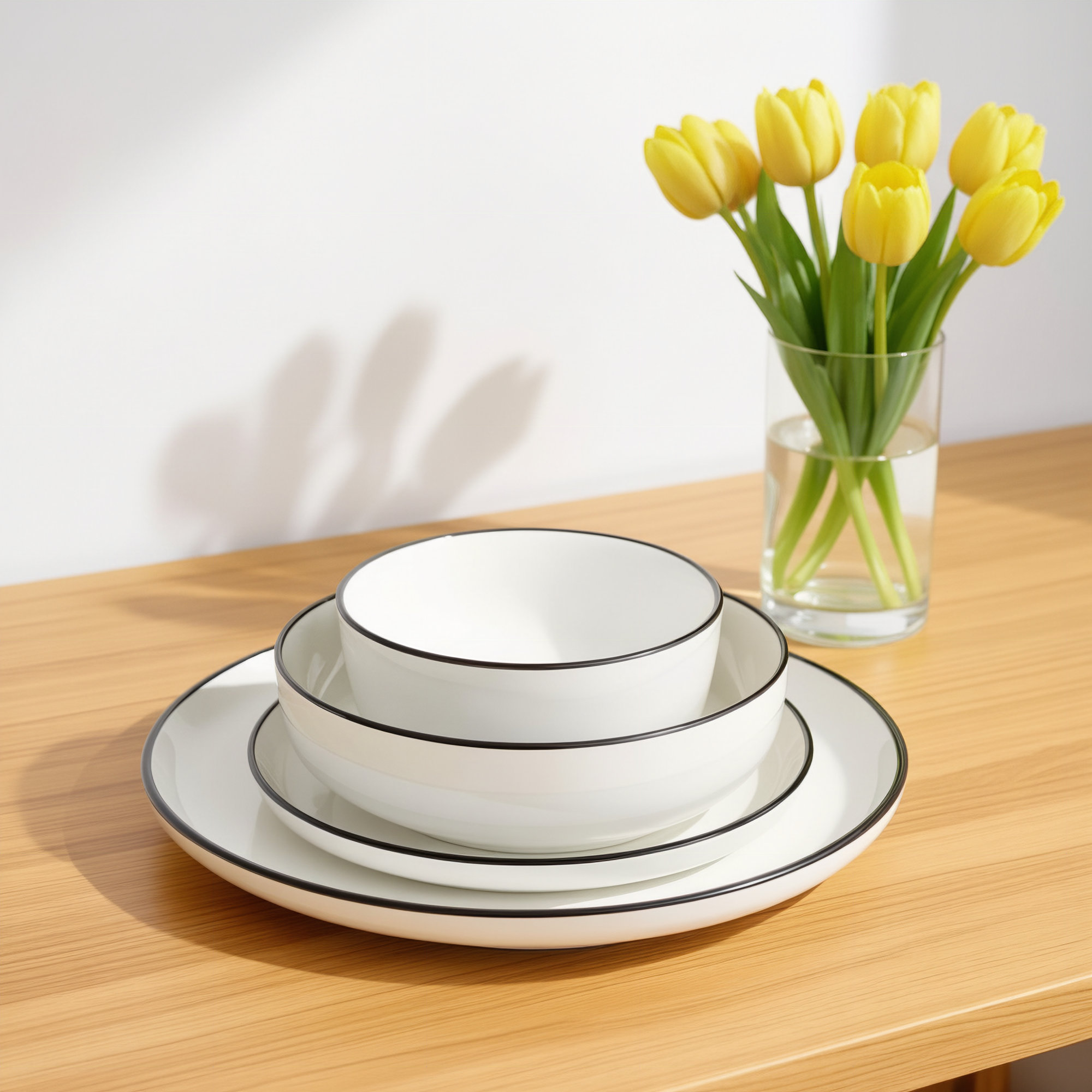 Gibson Home Oslo 16 Piece Dinnerware Set, White/Black Rim