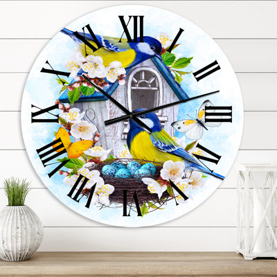 Two Tit Birds Sitting Near The Nest With Eggs I - Traditional wall clock