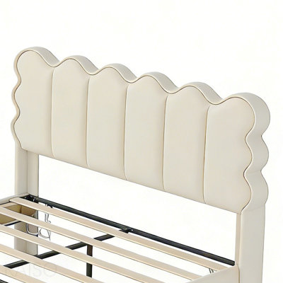 Queen Size Bed Frame High Headboard Upholstered Platform Bed, No Box Spring Needed, Easy Assembly, Ivory