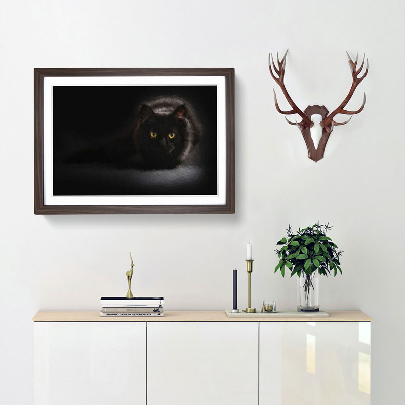 Black Cat with Yellow Eyes - Picture Frame Art Print, 27cm H x 36cm W x 2cm D, Walnut Framed