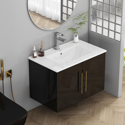 24-Inch Wall-Mounted Bathroom Vanity with Sink Combo,Double Doors,Soft Close Hinges, Ceramic Basin,Easy Assemble,Gold Metal Long Handle,Storage Space