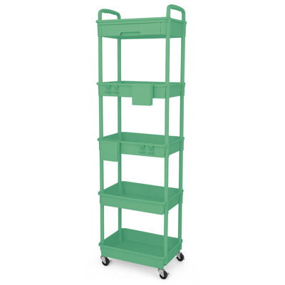 5 Tier Rolling Utility Cart with Drawer,With Drawer & Extended Poles,With Plastic Shelf & Lockable Wheels,Smooth Mobility
