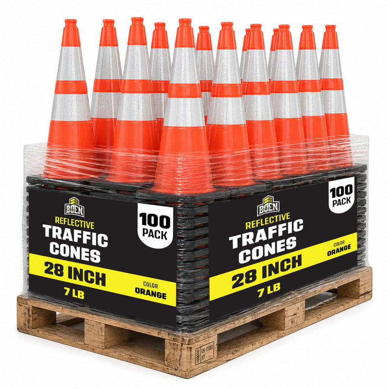 Cônes de signalisation orange Boen de 71 cm (28 po), paquet de 100, conformes à la norme MUTCD, avec 2 colliers réfléchissants et une base de 3,2 kg (7 lb) pour les travaux routiers, le stationnement et la signalisation.