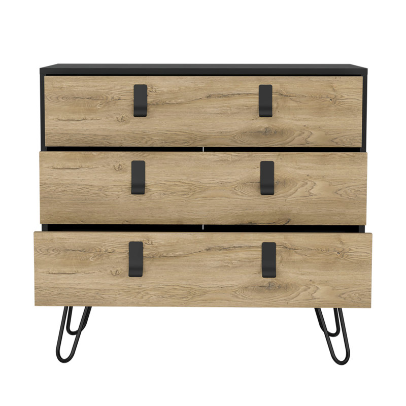 Commode H 29 po, commode à 3 tiroirs, commode moderne avec pieds en épingle à cheveux et détails en métal