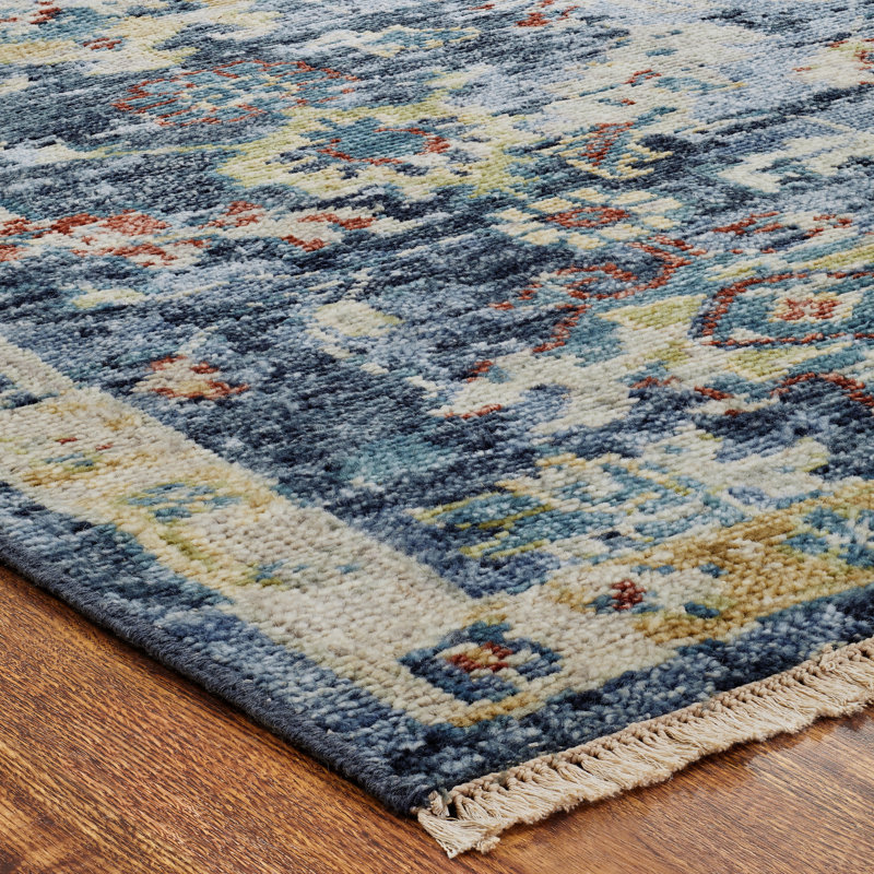 Tapis bleu / doré en laine noué à la main Oasis, Rectangle 2 pi x 3 pi