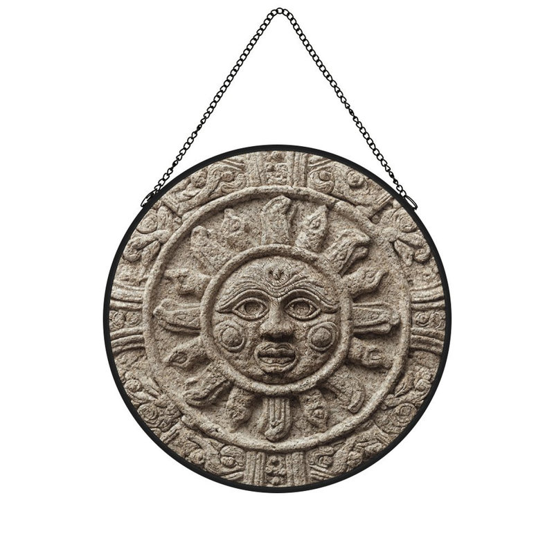 Sculpture sur pierre représentant un dieu du soleil entouré d'oiseaux stylisés vitrail pour fenêtre, 3,5 x 3,5 po (9 x 9 cm)