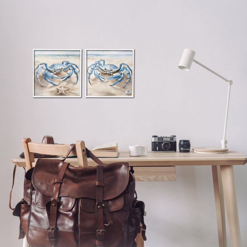 «Nautical Blue Crabs Beach», ensemble de 2 giclées par Kim Allen, Giclée encadrée blanc bord de mer, H 12 po x l 12 po