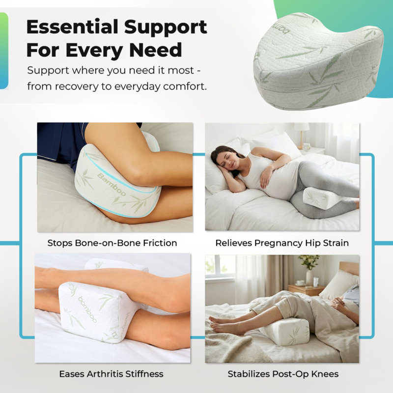 Memory Foam Knee Pillow for Side Sleepers with Rayon From Bamboo Cover, Leg Pillow for Side Sleeping Support, Knee Wedge Pillow for Body Pain