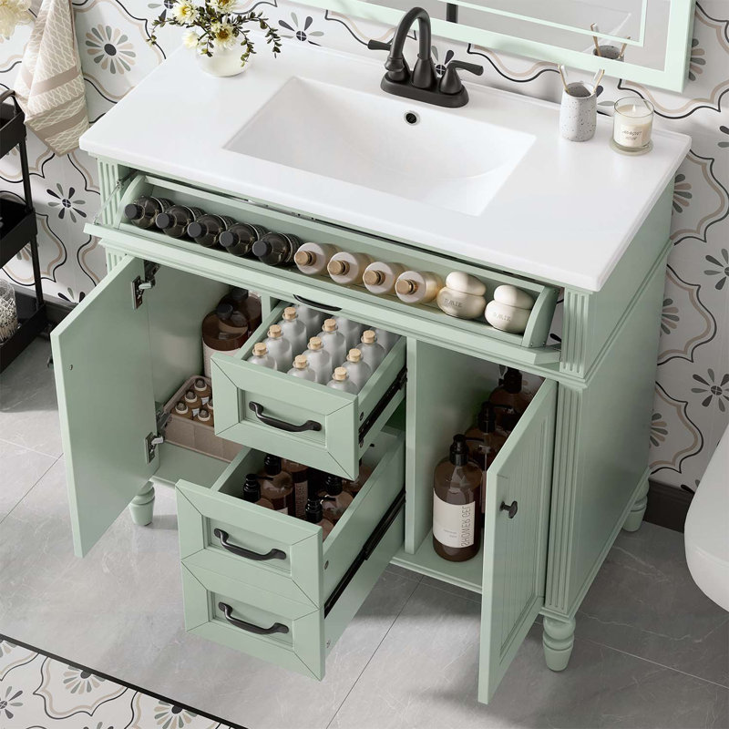 Meuble-lavabo 36 po avec lavabo, tiroir escamotable, portes à fermeture douce, 2 tiroirs de rangement, Vert