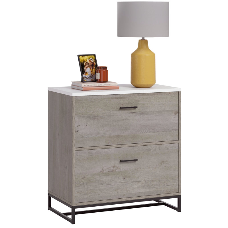Classeur latéral brun, style contemporain, finition chêne, accents gris, glissières pleine extension, classement facile à installer, deux tiroirs, cadre, pour le décor du salon