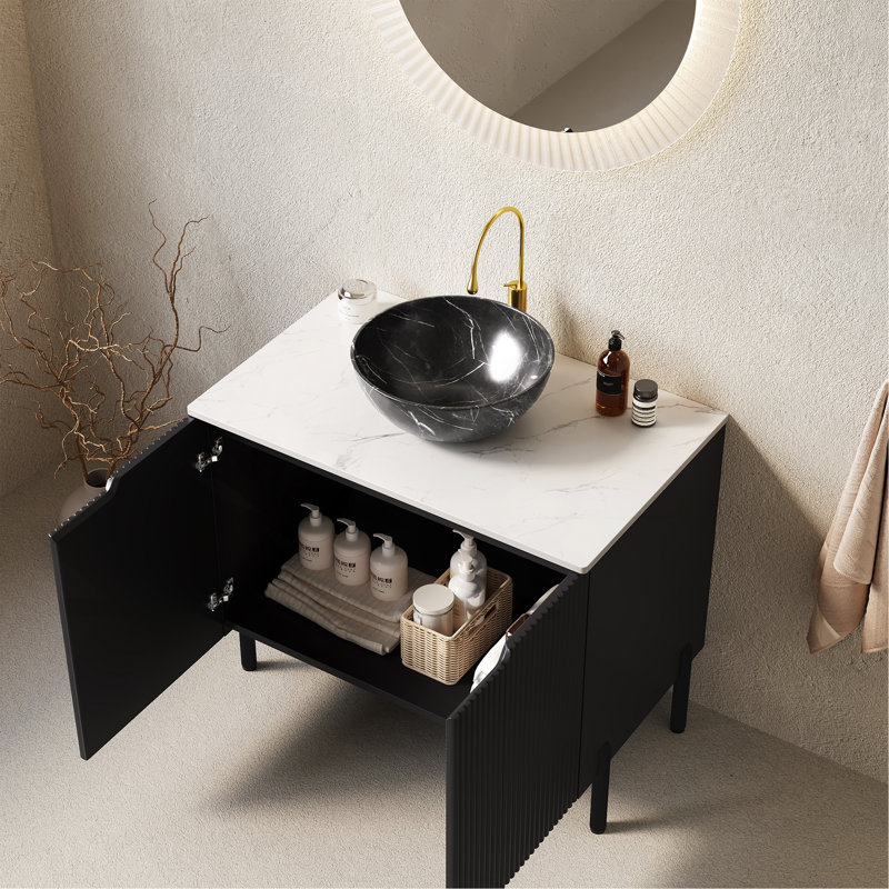 Meuble-lavabo de salle de bain 30 po avec lavabo, meuble de rangement autoportant avec 2 portes, lavabo en céramique avec motif en pierre et comptoir en pierre frittée blanc de Carrare, sans robinet, couleur noire