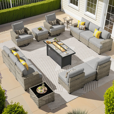 12-person  Outdoor Sectional With Cushions,swivel Rockers,led Coffee Table And Fire Pit,all-weather Wicker Patio Set