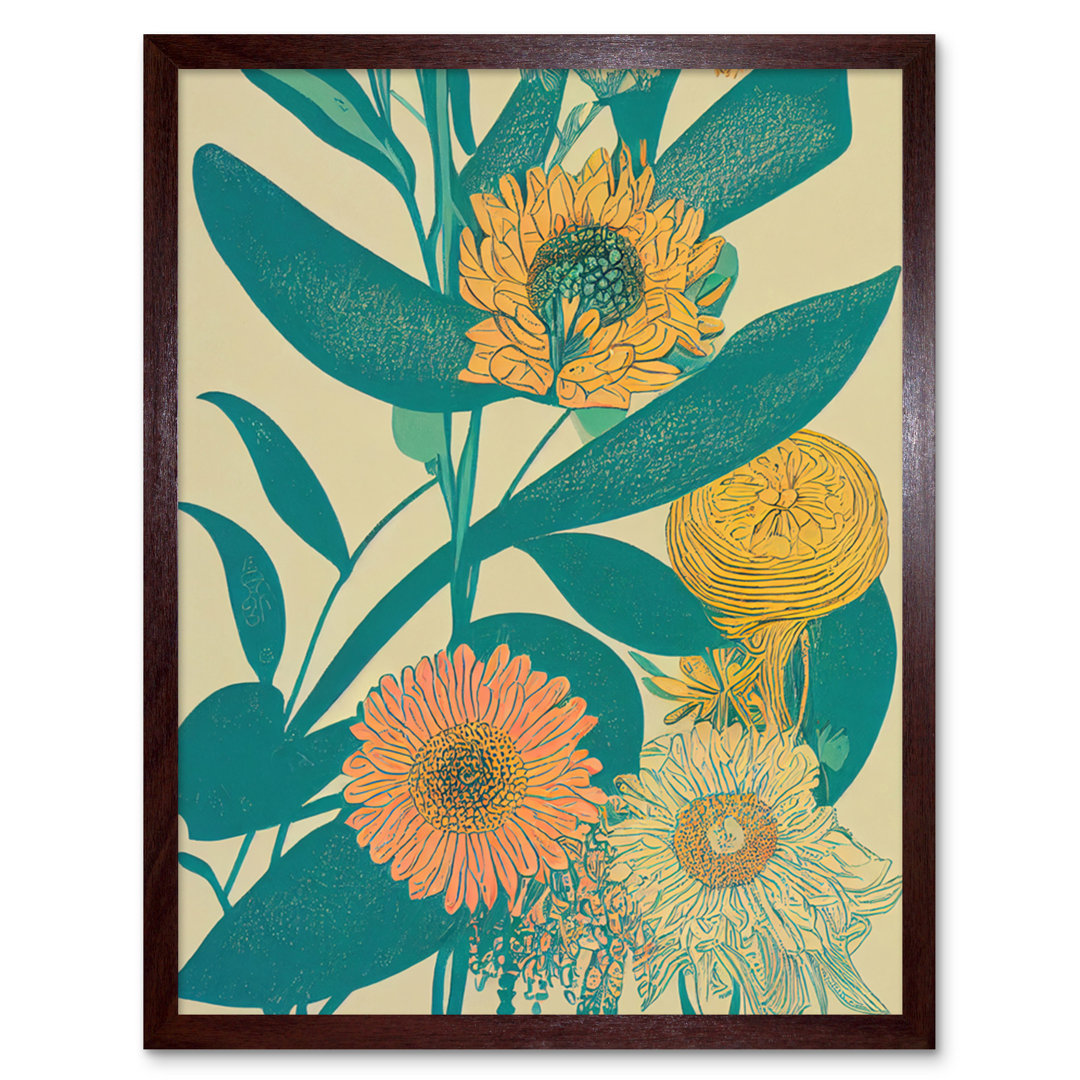 Marigold Daisy Flowers Turquoise Leaves Abstract - Print