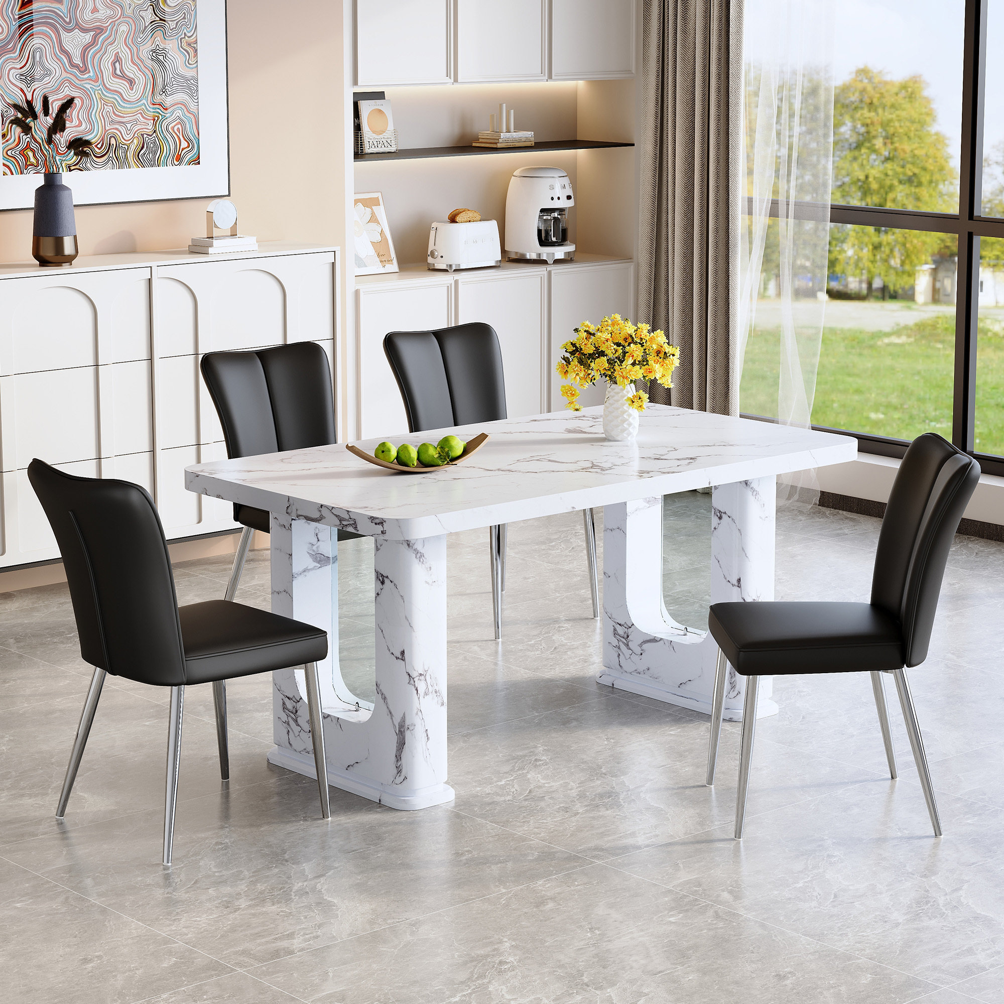Orren Ellis Elegant White Marble Dining Table Set With 4 Black Pu ...