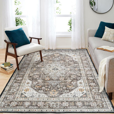 Tapis lavable - Grand salon de chambre à coucher Tapis d'intérieur oriental doux antidérapant résistant aux taches pour la cuisine de ferme (brun)