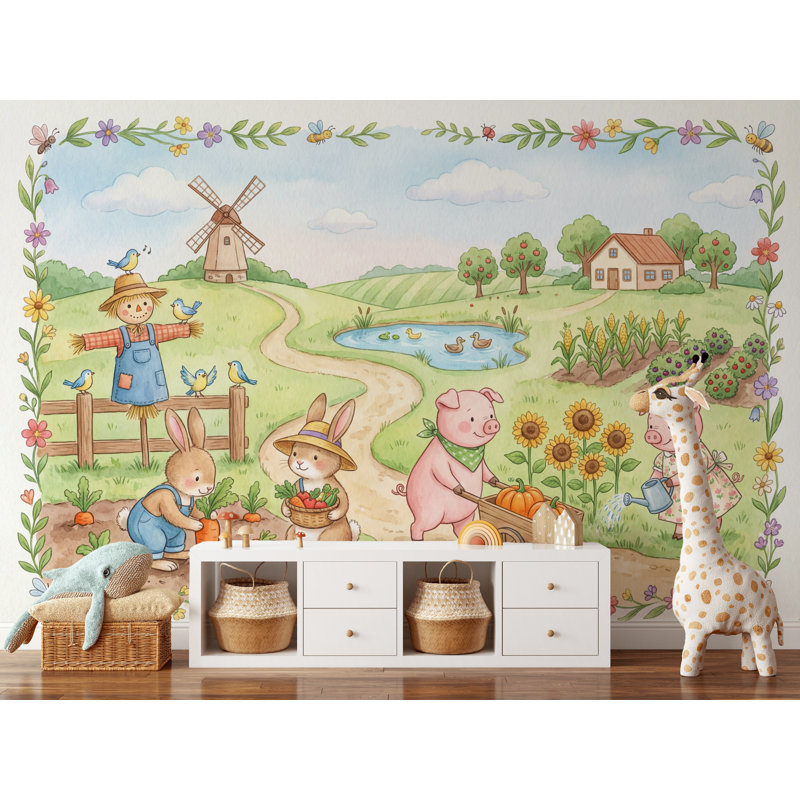 Papier peint animaux fantaisistes campagne, L: 190 po x H: 108 po, Peler et coller