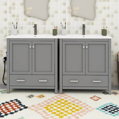 60 Inches Modern Bathroom Vanity Set – Double Ceramic Sinks, Storage Shelf & Divided Drawers, Spacious Double Vanity