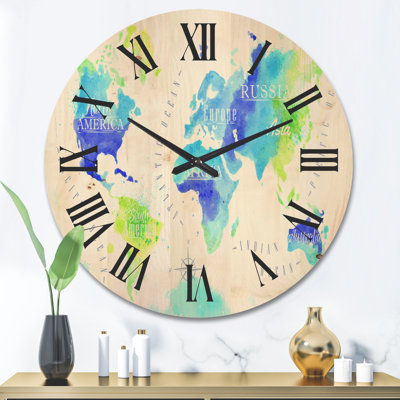 World Map In Green and Blue - Modern Wood Wall Clock