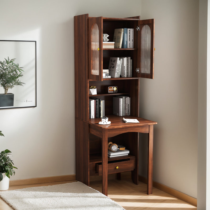 Vintage Bookshelf With Fold-Out Convertible Writing Table, Multi-Function Home Office Workstation, Desk Cabinet With Shelf And Drawer, Walnut