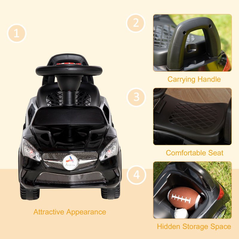 Black Toddler Ride-On Push Car with Horn and Storage