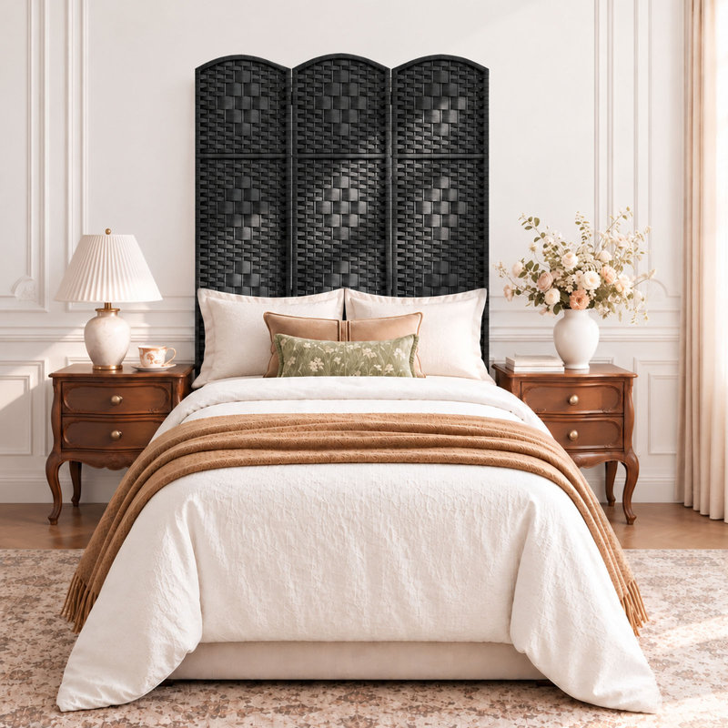Paravent pliable en fibre de diamant tissé à la main 6 pi Elmina, 3, Noir