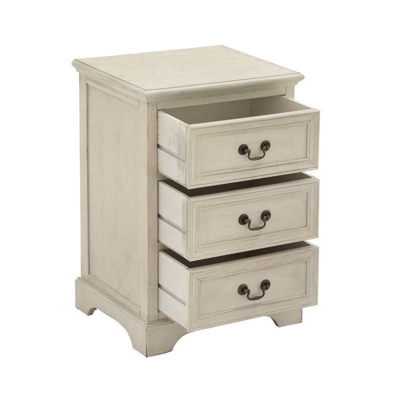 Elegant Cream Solid Wood & Metal 3-Drawer Storage Side Table