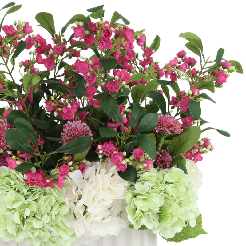 Hydrangeas and Dahlias in Pleated Vase