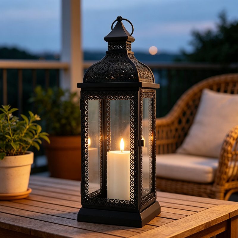 Glass & Metal Tabletop Lantern, 46cm H x 15cm W x 15cm D, Black
