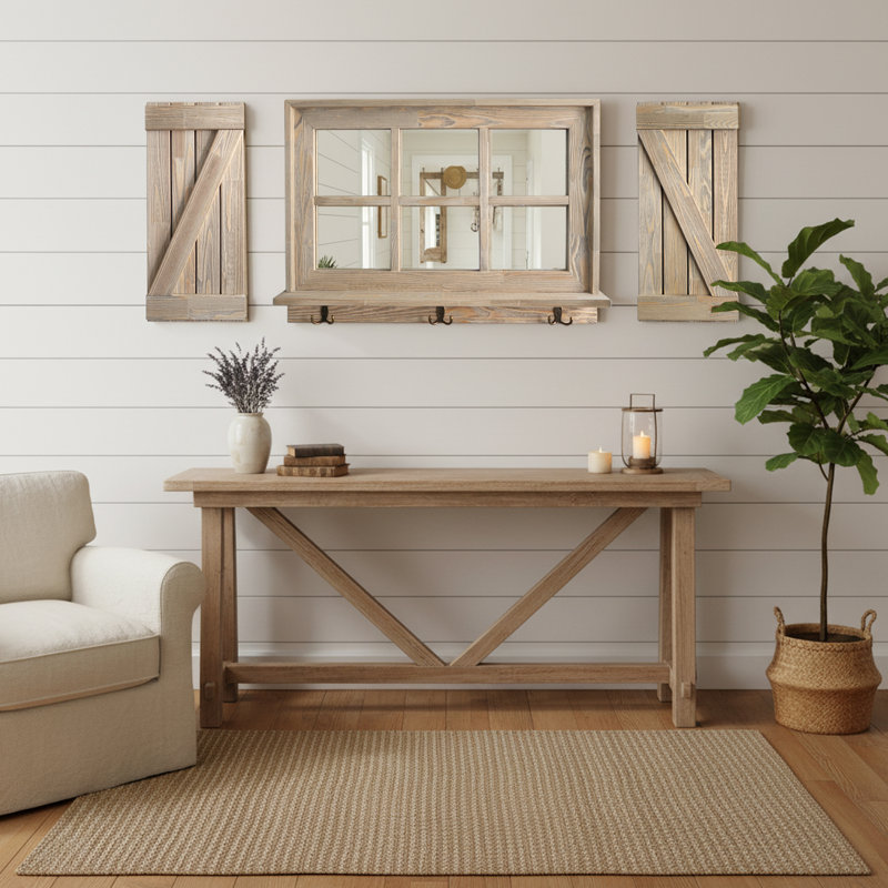 Farmhouse 6-Pane Window Mirror with Z-Style Shutters, Light Brown