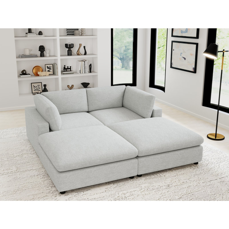 Canapé-lit modulaire en chenille 4 pièces 77,2 po avec 2 repose-pieds, Crème
