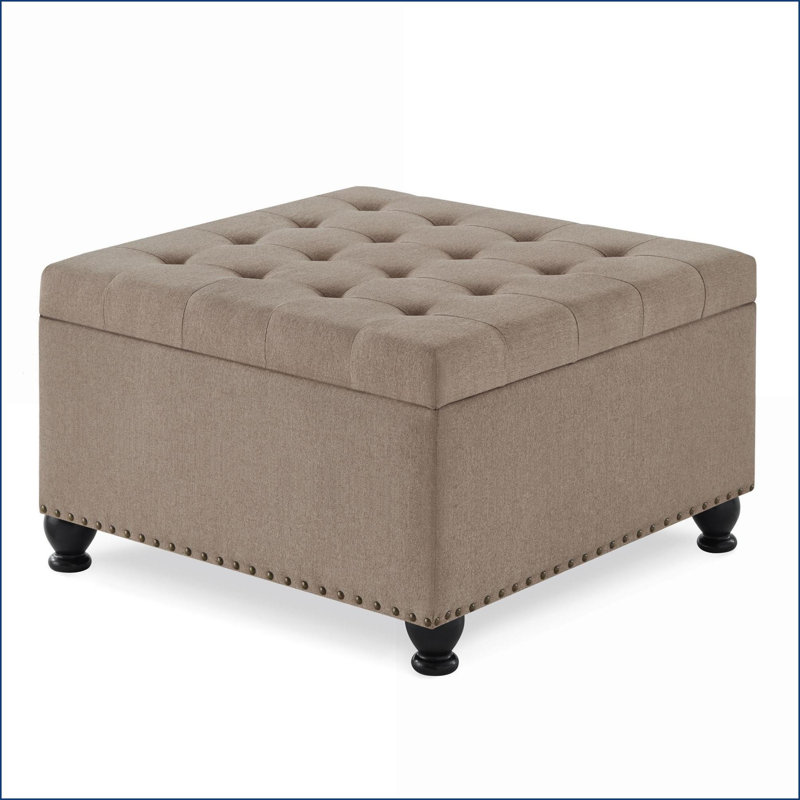 Ottoman with Storage, Large Square Linen Button-Tufted Coffee Table with Wood Legs for Living Room Bedroom | Wood | Linen